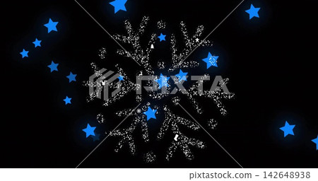 Radiating central white burst on black backdrop sending blue 5-star shapes, halos and dots Radiating central white burst on black backdrop sending blue 5-star shapes, halos and dots 142648938