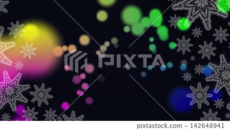 Glowing colorful bokeh orbs forming horizontal trail on dark wallpaper, showing white star outlines Glowing colorful bokeh orbs forming horizontal trail on dark wallpaper, showing white star outlines 142648941