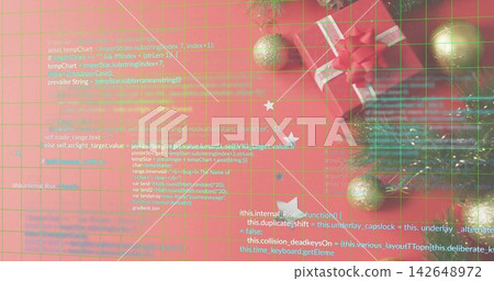 Displaying red gift box white-ribbon on red table gold baubles green code grid overlay, copy space Displaying red gift box white-ribbon on red table gold baubles green code grid overlay, copy space 142648972