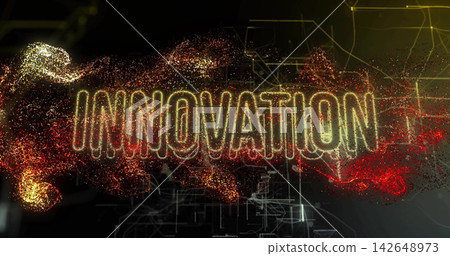 Glowing word INNOVATION dominating dark digital canvas, emitting gold and red particle plumes Glowing word INNOVATION dominating dark digital canvas, emitting gold and red particle plumes 142648973