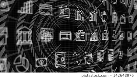 Swirling white line finance icons forming digital tunnel at center, with credit card, charts 142648976