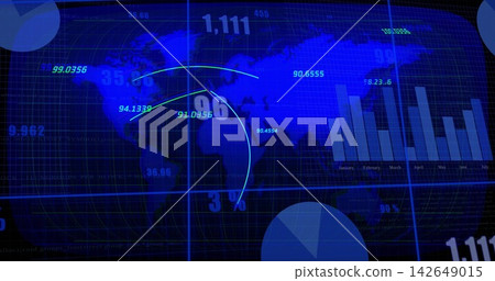 Displaying central world map filling dashboard, showing curved data arcs and numeric overlays Displaying central world map filling dashboard, showing curved data arcs and numeric overlays 142649015