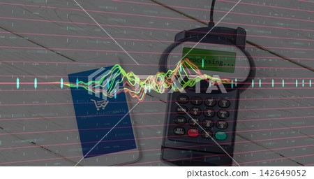 Showing handheld card reader processing payment with blue phone on light counter waveform overlay Showing handheld card reader processing payment with blue phone on light counter waveform overlay 142649052
