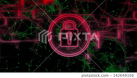 Glowing neon padlock sitting in concentric rings in cyberspace framing green node mesh and red grid 142649108