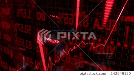 Displaying red jagged line chart tracing volatility on trading dashboard, showing large red arrow Displaying red jagged line chart tracing volatility on trading dashboard, showing large red arrow 142649130
