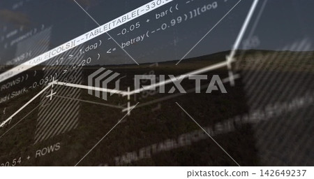 Data overlay rising over dusk hill, dusk light initiating line chart visualizing analytics and code Data overlay rising over dusk hill, dusk light initiating line chart visualizing analytics and code 142649237