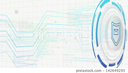 Displaying circular HUD on right over pale grid, showing shield envelope emblem, copy space Displaying circular HUD on right over pale grid, showing shield envelope emblem, copy space 142649293