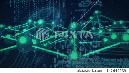 Glowing teal-green nodes connecting with rods in holographic data space, showing floating code Glowing teal-green nodes connecting with rods in holographic data space, showing floating code 142649389