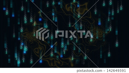 Cascading binary streams and neon bars moving through virtual data field, with golden waveforms Cascading binary streams and neon bars moving through virtual data field, with golden waveforms 142649391