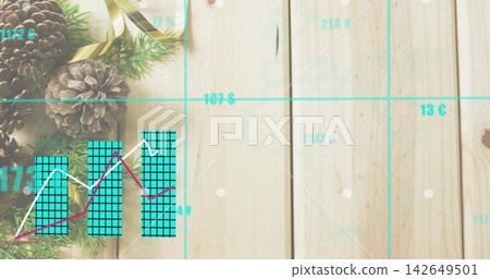 Pinecones evergreen sprigs and gold ribbon sitting on wood with turquoise chart overlay, copy space Pinecones evergreen sprigs and gold ribbon sitting on wood with turquoise chart overlay, copy space 142649501