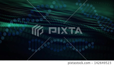 Flowing field of glowing dotted strands forming helix chains in dark digital environment with bokeh Flowing field of glowing dotted strands forming helix chains in dark digital environment with bokeh 142649523