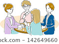 An illustration of four people, two men and two women, having a meeting at a meeting table. 142649660