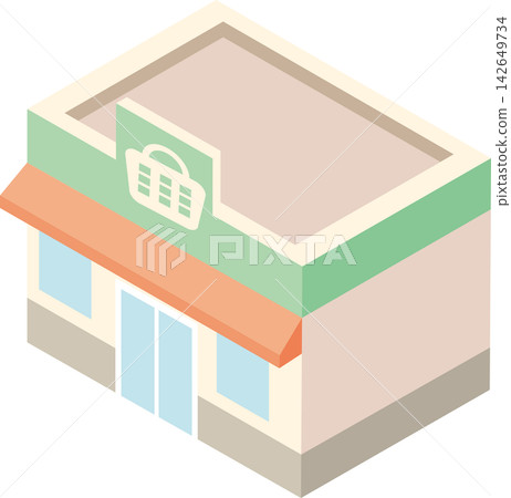 等距超市建築插圖，零售商店，店鋪圖標，地圖，資源。 142649734