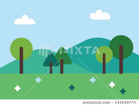Flat Design Landscape Vector Illustration with Green Hills, Trees, and Blue Sky Flat Design Landscape Vector Illustration with Green Hills, Trees, and Blue Sky 142649774
