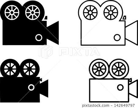 Vintage film camera icons in black and white line art style 142649797