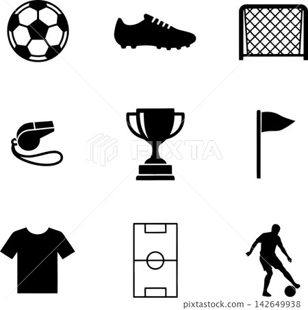 Soccer icons set black silhouettes Design Soccer icons set black silhouettes Design 142649938