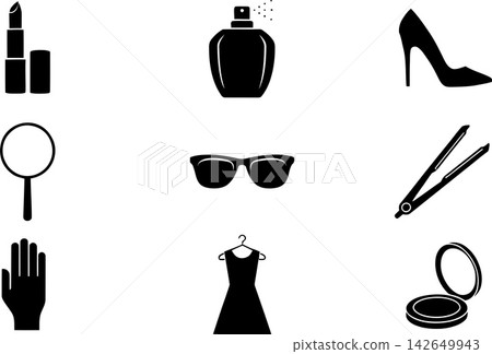 Collection of black silhouettes depicting beauty and fashion accessories Collection of black silhouettes depicting beauty and fashion accessories 142649943