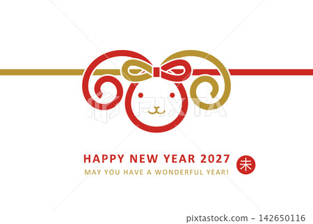 2027 Year of the Sheep New Year's Card Design: Cute red and gold sheep face in a mizuhiki (decorative cord) style 2027 Year of the Sheep New Year's Card Design: Cute red and gold sheep face in a mizuhiki (decorative cord) style 142650116
