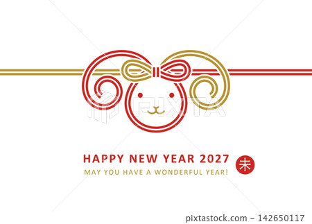2027羊年新年賀卡設計:時尚可愛的紅金羊臉(水引風格) 2027羊年新年賀卡設計:時尚可愛的紅金羊臉(水引風格) 142650117