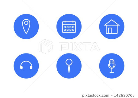 Blue circular icon set featuring location, calendar, home, headphones, pin, and microphone symbols, designed for navigation, scheduling, housing, audio, websites, and apps. Blue circular icon set featuring location, calendar, home, headphones, pin, and microphone symbols, designed for navigation, scheduling, housing, audio, websites, and apps. 142650703