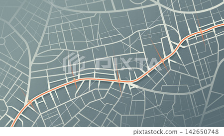 Dark Teal Street Map Displaying Orange Curved Route Line With Circular Checkpoint Markers Dark Teal Street Map Displaying Orange Curved Route Line With Circular Checkpoint Markers 142650748