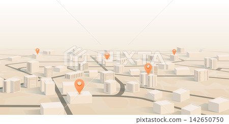 Beige Isometric 3D Town Map with Orange GPS Pin Markers Placed on Building Rooftops Beige Isometric 3D Town Map with Orange GPS Pin Markers Placed on Building Rooftops 142650750
