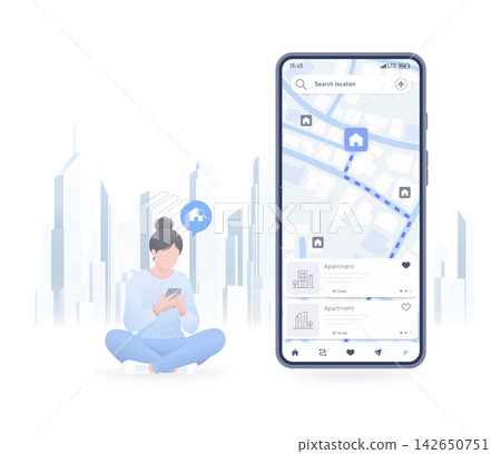 Woman using smartphone app to find apartment on map with city background Woman using smartphone app to find apartment on map with city background 142650751