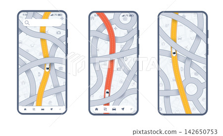 GPS Navigation App Interface on Three Smartphones GPS Navigation App Interface on Three Smartphones 142650753