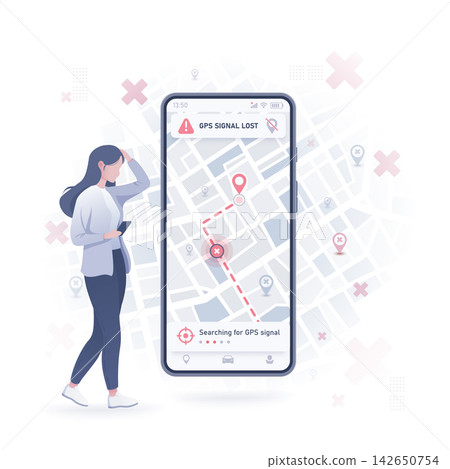 Woman Frustrated by GPS Signal Loss on Navigation App Interface Woman Frustrated by GPS Signal Loss on Navigation App Interface 142650754