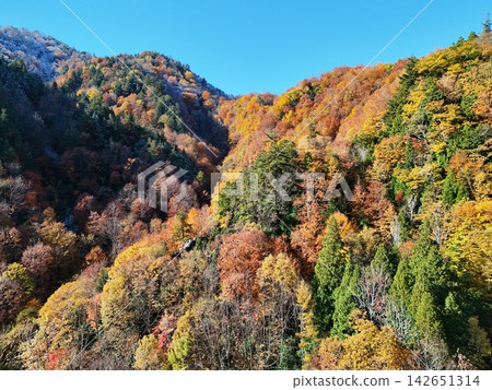 <特魯哈峽谷鳥瞰圖> 從秋葉覆蓋的山巒間拍攝的景色。 <特魯哈峽谷鳥瞰圖> 從秋葉覆蓋的山巒間拍攝的景色。 142651314