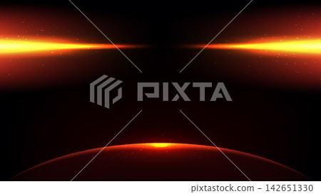 Abstract sci fi background glowing orange laser beams lens flare floating sparkles and rising fiery red planet horizon on dark cosmic space vector, futuristic tech cover design 142651330