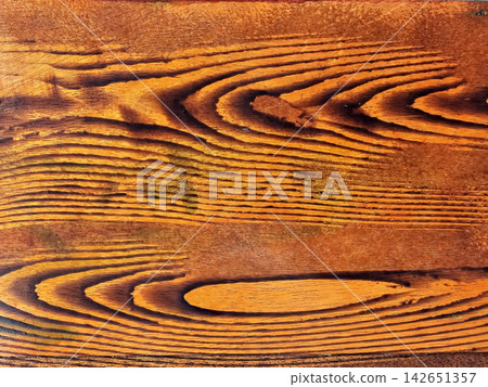 Detailed macro shot of dark orange burnt wood grain texture with circular patterns. Detailed macro shot of dark orange burnt wood grain texture with circular patterns. 142651357