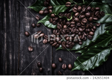 Coffee beans on leaf / Roasted coffee on dark wooden table background Coffee beans on leaf / Roasted coffee on dark wooden table background 142651404