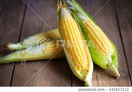Corn on the cob, Sweet corn for cooking food, Fresh corn on wooden background, Harvest ripe corn organic Corn on the cob, Sweet corn for cooking food, Fresh corn on wooden background, Harvest ripe corn organic 142651512