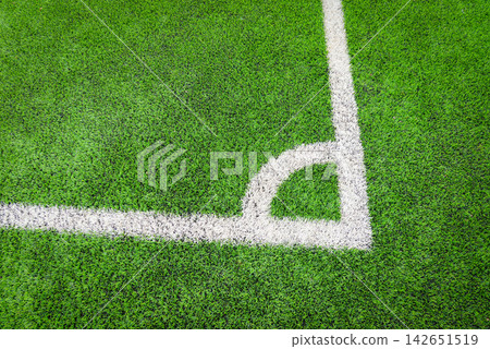 corner of footbal field / futsal or football field on green grass with center line corner top view corner of footbal field / futsal or football field on green grass with center line corner top view 142651519