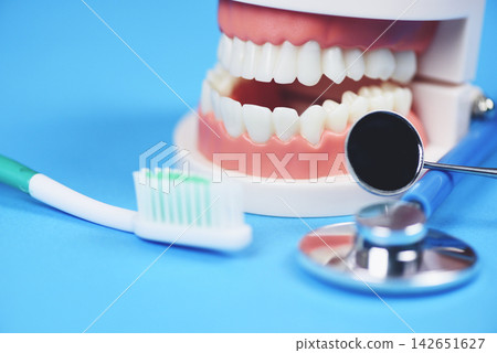 Dental care concept - dentist tools with dentures dentistry instruments and dental hygiene and equipment checkup with teeth model and mouth mirror oral health Dental care concept - dentist tools with dentures dentistry instruments and dental hygiene and equipment checkup with teeth model and mouth mirror oral health 142651627