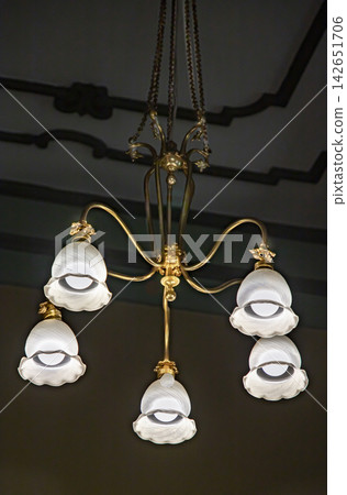 This elegant Art Nouveau chandelier features a polished brass fixture with five curved arms designed to evoke natural, flowing lines. Topped with delicate, tulip-inspired opalescent glass shades. This elegant Art Nouveau chandelier features a polished brass fixture with five curved arms designed to evoke natural, flowing lines. Topped with delicate, tulip-inspired opalescent glass shades. 142651706