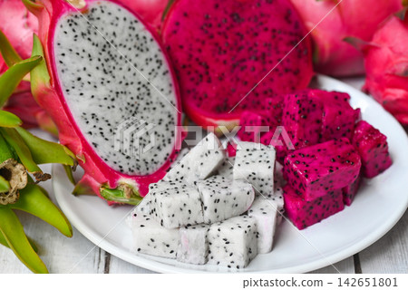 dragon fruit slice on white plate with pitahaya background, fresh white and pink red purple dragon fruit tropical in the asian thailand healthy fruit concept dragon fruit slice on white plate with pitahaya background, fresh white and pink red purple dragon fruit tropical in the asian thailand healthy fruit concept 142651801