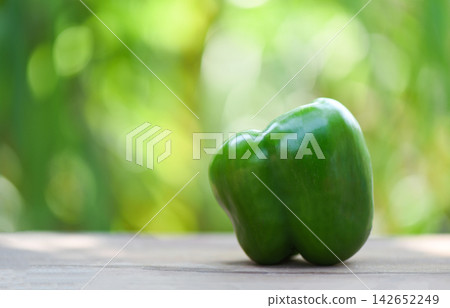 Fresh green sweet bell pepper on wooden and nature green background Fresh green sweet bell pepper on wooden and nature green background 142652249
