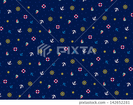 Cute seamless nautical pattern with colorful anchors, sailboats, ship wheels and lifebuoys on dark navy blue background with polka dots. Baby and kids maritime fabric design. Cute seamless nautical pattern with colorful anchors, sailboats, ship wheels and lifebuoys on dark navy blue background with polka dots. Baby and kids maritime fabric design. 142652281