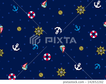 Cute seamless nautical pattern with colorful anchors, sailboats, ship wheels and lifebuoys on dark navy blue background with polka dots. Baby and kids maritime fabric design. Cute seamless nautical pattern with colorful anchors, sailboats, ship wheels and lifebuoys on dark navy blue background with polka dots. Baby and kids maritime fabric design. 142652282
