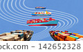 Industrial container cargo freight ship for import or export in port. Abstract design background, trucks and transport. Highway and delivering. Collage with globe. Logistics concept 142652328