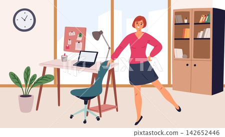 Woman stretching at work. Office exercises. Staying healthy while sitting at desk. Flexible body indoor training with furniture. Physical workout. Fitness at workplace. Vector concept Woman stretching at work. Office exercises. Staying healthy while sitting at desk. Flexible body indoor training with furniture. Physical workout. Fitness at workplace. Vector concept 142652446