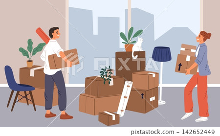 Young happy couple is getting ready to move. Family packing up belongings from apartment. Cardboard containers. Loading boxes with household items and unpacking in new home. Vector concept Young happy couple is getting ready to move. Family packing up belongings from apartment. Cardboard containers. Loading boxes with household items and unpacking in new home. Vector concept 142652449