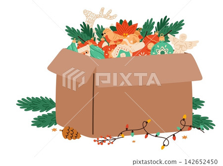Cardboard box with colorful Christmas decorations and tree ornaments. Xmas and New Year celebrations. Holiday garlands. Traditional accessories. Conifer branches. Vector toys container Cardboard box with colorful Christmas decorations and tree ornaments. Xmas and New Year celebrations. Holiday garlands. Traditional accessories. Conifer branches. Vector toys container 142652450