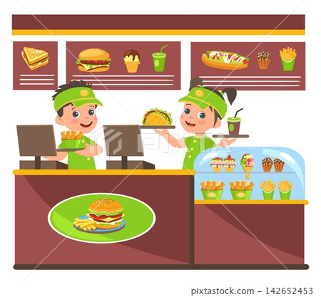 Cashiers at fast food restaurants. Boy and girl in uniform serving customers at cafe . Cheerful salesmen at counter selling burger and ice cream. Smiling young waiters. Vector concept 142652453