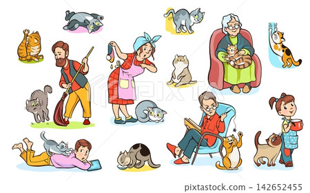 Cats with owners. Pets in different situations. People interacting and playing with animals. Grandmother feeding and taking care of kittens. Fluffy mammal poses. Vector isolated set Cats with owners. Pets in different situations. People interacting and playing with animals. Grandmother feeding and taking care of kittens. Fluffy mammal poses. Vector isolated set 142652455