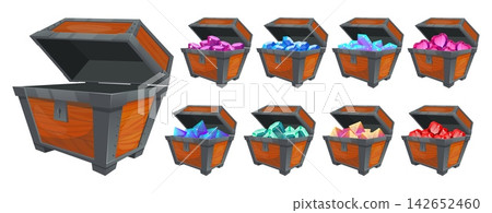 Jewelry box. Ancient wooden open container filled with multicolored crystals and minerals. Pirate treasure. Shiny emeralds, rubies and jewel diamonds. Game interface elements vector set Jewelry box. Ancient wooden open container filled with multicolored crystals and minerals. Pirate treasure. Shiny emeralds, rubies and jewel diamonds. Game interface elements vector set 142652460