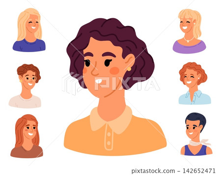 Portraits of beautiful women. Female avatars. Various looks and hairstyles. Attractive faces. Modern clothing and accessories. Smiling ladies. Girls power and feminism. Girls vector set Portraits of beautiful women. Female avatars. Various looks and hairstyles. Attractive faces. Modern clothing and accessories. Smiling ladies. Girls power and feminism. Girls vector set 142652471