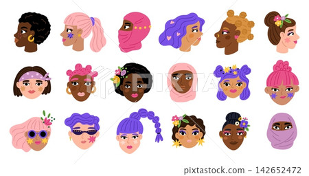 Portraits of women in full face and profile. Abstract female figures. Contemporary makeup and hairstyles in various colors. Hairs with flowers. Trendy haircuts. Doodle avatars vector set Portraits of women in full face and profile. Abstract female figures. Contemporary makeup and hairstyles in various colors. Hairs with flowers. Trendy haircuts. Doodle avatars vector set 142652472